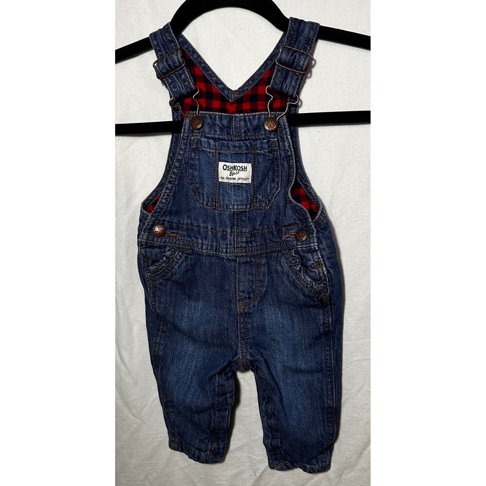 OshKosh Bgosh Denim Overalls Baby Infant Red Plaid Lined Pockets Cute